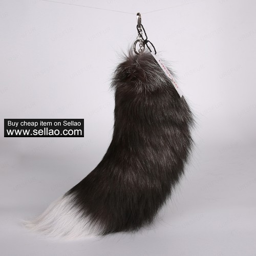 Silver Fox Tail Fur Bag Charm Pendant Cosplay Toy Platinum Color 18 inches