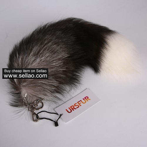 Silver Fox Tail Fur Bag Charm Pendant Cosplay Toy Platinum Color 20 inches