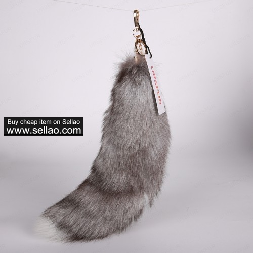 Silver Blue Fox Tail Fur Keychain Bag Charm Pendant Golden Color 16 inches
