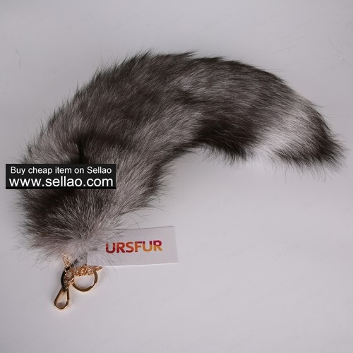 Silver Blue Fox Tail Fur Keychain Bag Charm Pendant Golden Color 20 inches