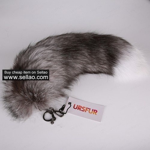 Silver Blue Fox Tail Fur Keychain Bag Charm Pendant Gun Color 18 inches