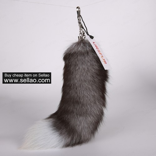 Silver Blue Fox Tail Fur Keychain Bag Charm Pendant Platinum Color 16 inches