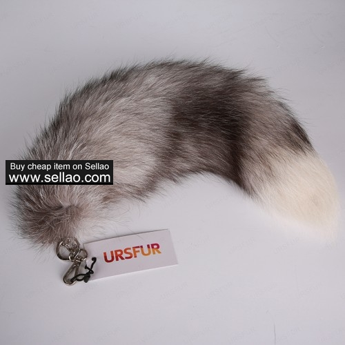 Silver Blue Fox Tail Fur Keychain Bag Charm Pendant Platinum Color 18 inches