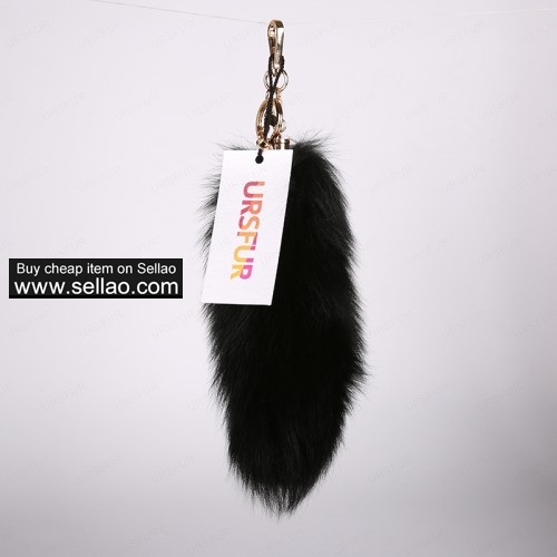 Black Fox Fur Tail Keychain Handbag Tassel Golden Color 10 inches