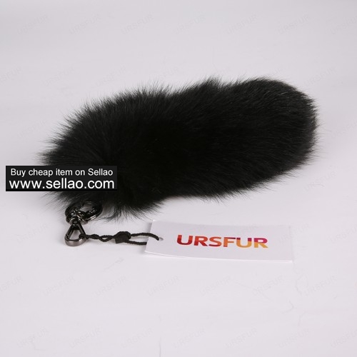 Black Fox Fur Tail Keychain Handbag Tassel Gun Color 10 inches