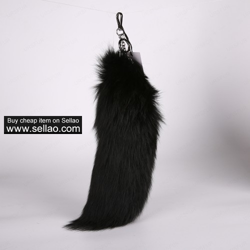 Black Fox Fur Tail Keychain Handbag Tassel Gun Color 14 inches
