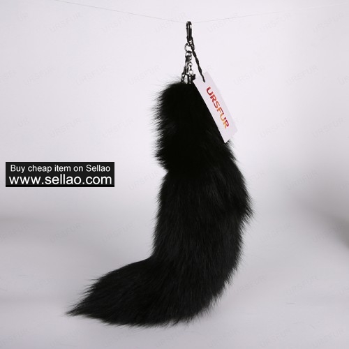Black Fox Fur Tail Keychain Handbag Tassel Gun Color 17 inches