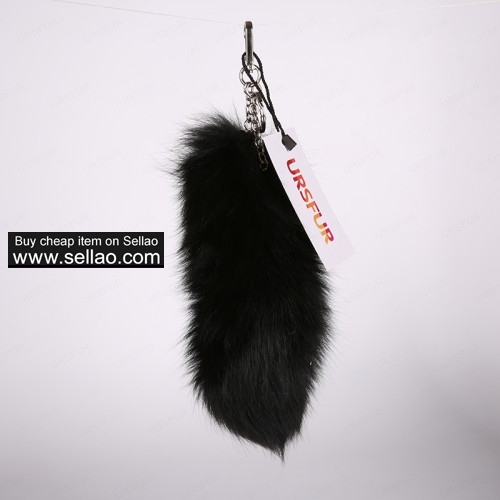Black Fox Fur Tail Keychain Handbag Tassel Platinum Color 10 inches