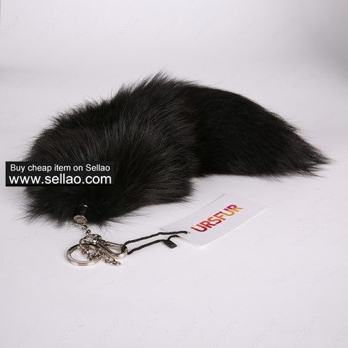 Black Fox Fur Tail Keychain Handbag Tassel Platinum Color 17 inches