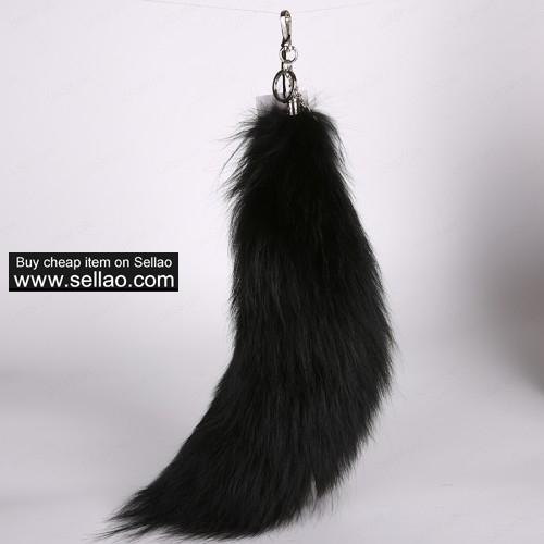 Black Fox Fur Tail Keychain Handbag Tassel Platinum Color 20 inches