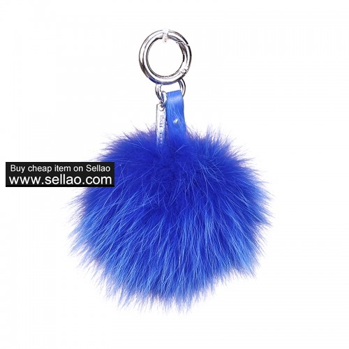 Fox Ball Fur Pom Leather Keychain Car Bag Tassel Pendant Blue