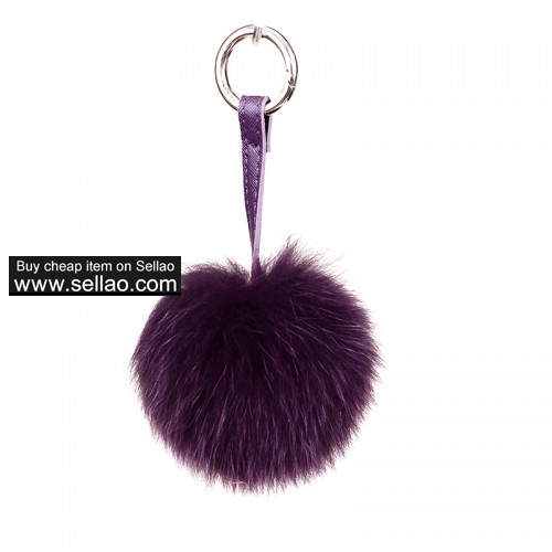 Fox Ball Fur Pom Leather Keychain Car Bag Tassel Pendant Burgundy
