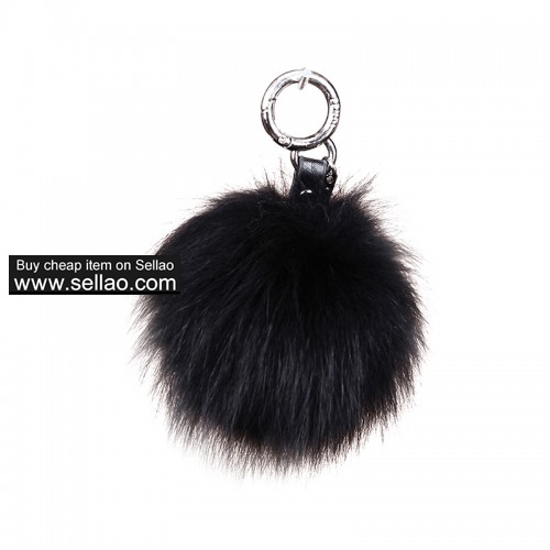 Fox Ball Fur Pom Leather Keychain Car Bag Tassel Pendant Black