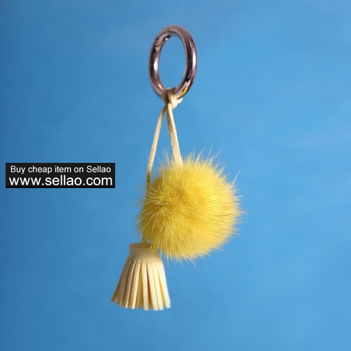 Mink Fur Ball Pom Keychain Car Bag Tassel Keyring Key Chain Yellow