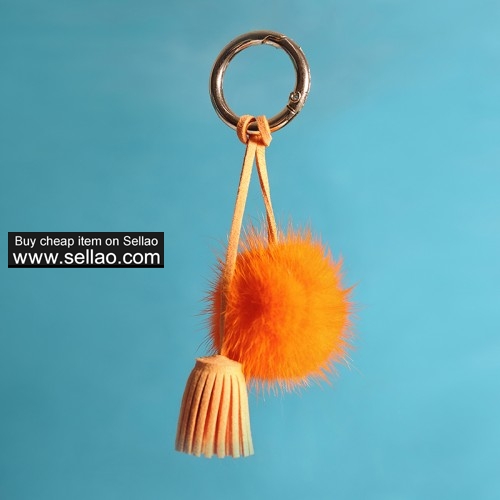 Mink Fur Ball Pom Keychain Car Bag Tassel Keyring Key Chain Orange