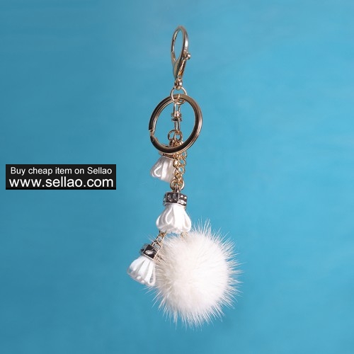 Real Mink Fur Ball Pom Keychain Car Bag Charm Tassel Pendant White