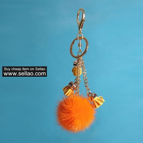Real Mink Fur Ball Pom Keychain Car Bag Charm Tassel Pendant Orange