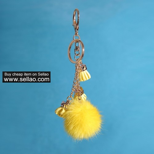 Real Mink Fur Ball Pom Keychain Car Bag Charm Tassel Pendant Yellow