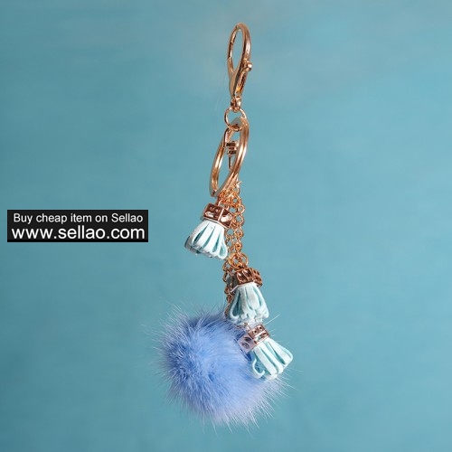 Real Mink Fur Ball Pom Keychain Car Bag Charm Tassel Pendant Blue
