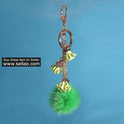 Real Mink Fur Ball Pom Keychain Car Bag Charm Tassel Pendant Green