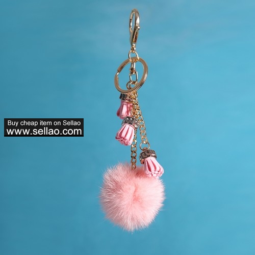 Real Mink Fur Ball Pom Keychain Car Bag Charm Tassel Pendant Pink