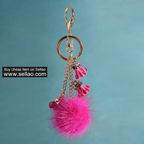 Real Mink Fur Ball Pom Keychain Car Bag Charm Tassel Pendant Rose red