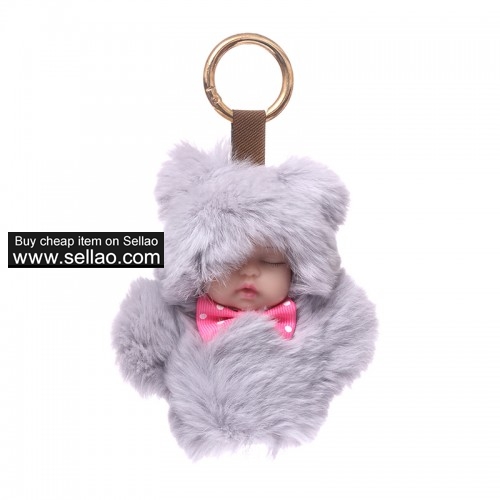 Baby Doll Purse Pendant Rabbit Fur Keychain Plush Toy Gray