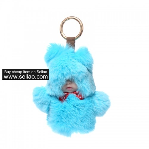 Baby Doll Purse Pendant Rabbit Fur Keychain Plush Toy Azure