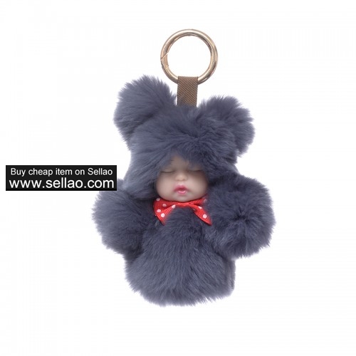 Baby Doll Purse Pendant Rabbit Fur Keychain Plush Toy Dark Gray