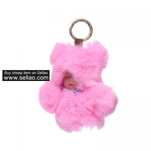 Baby Doll Purse Pendant Rabbit Fur Keychain Plush Toy Pink