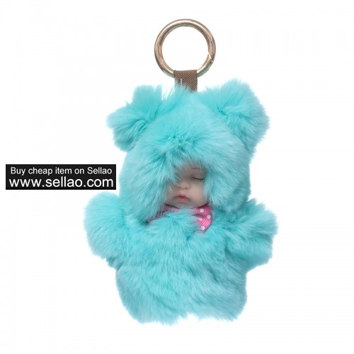 Baby Doll Purse Pendant Rabbit Fur Keychain Plush Toy Eggshell Blue