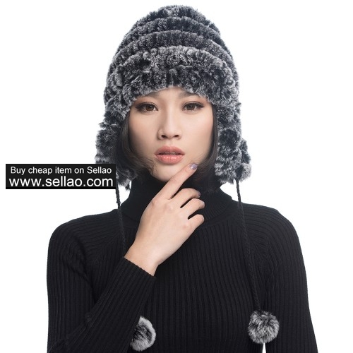 Women's Rex Rabbit Fur Hats Winter Ear Cap Flexible Multicolor - Gray