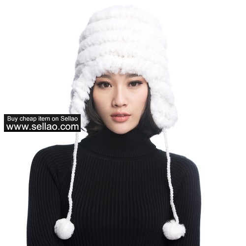 Women's Rex Rabbit Fur Hats Winter Ear Cap Flexible Multicolor - White