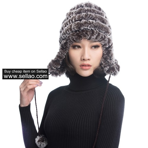 Women's Rex Rabbit Fur Hats Winter Ear Cap Flexible Multicolor - Coffee