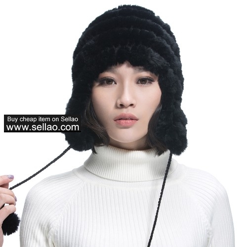 Women's Rex Rabbit Fur Hats Winter Ear Cap Flexible Multicolor - Black