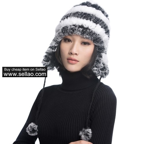 Women's Rex Rabbit Fur Hats Winter Ear Cap Flexible Multicolor - Grey & White