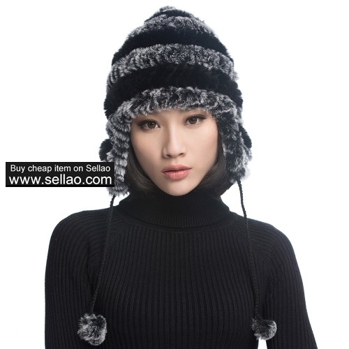 Women's Rex Rabbit Fur Hats Winter Ear Cap Flexible Multicolor - Grey & Black
