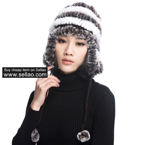 Women's Rex Rabbit Fur Hats Winter Ear Cap Flexible Multicolor - Coffee & White