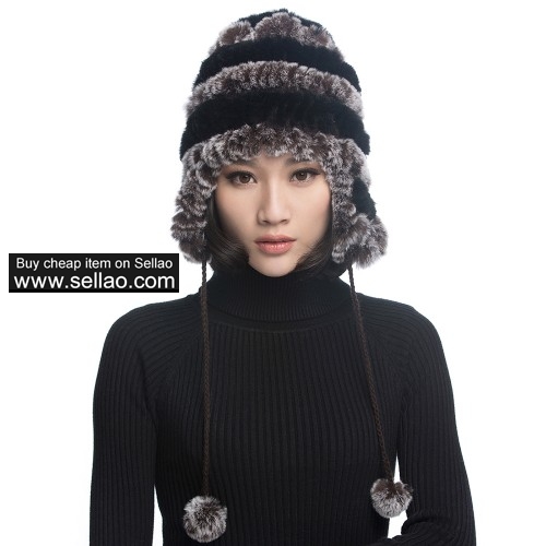 Women's Rex Rabbit Fur Hats Winter Ear Cap Flexible Multicolor - Coffee & Black