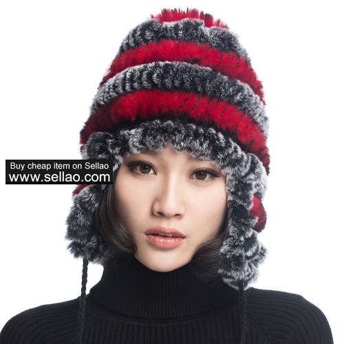 Women's Rex Rabbit Fur Hats Winter Ear Cap Flexible Multicolor - Grey & Red