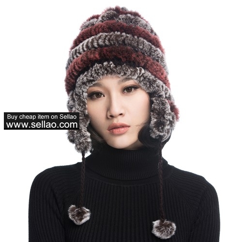 Women's Rex Rabbit Fur Hats Winter Ear Cap Flexible Multicolor - Coffee & Pink