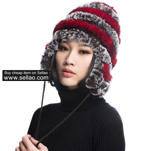 Women's Rex Rabbit Fur Hats Winter Ear Cap Flexible Multicolor - Coffee & Red