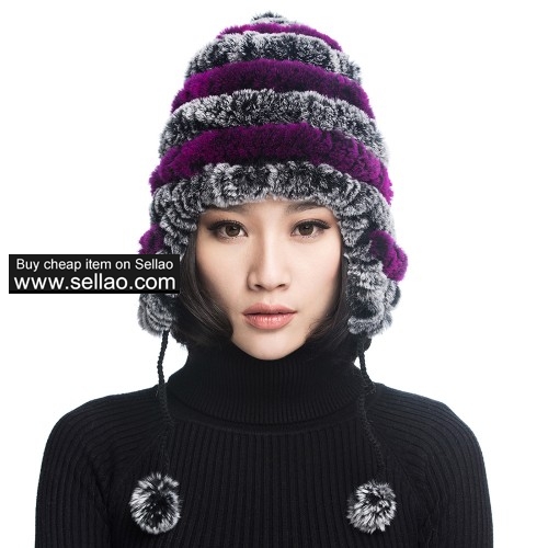 Women's Rex Rabbit Fur Hats Winter Ear Cap Flexible Multicolor - Grey & Purple
