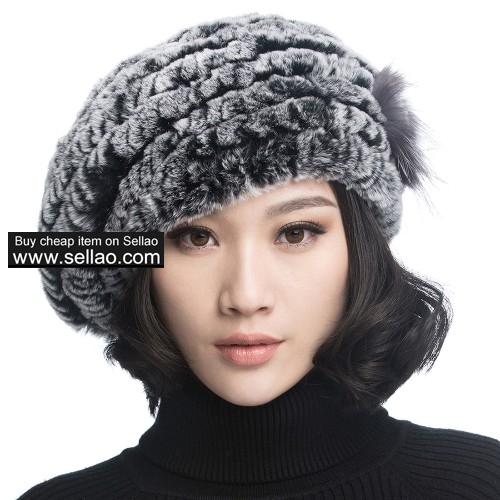 Winter Women's Rex Rabbit Fur Beret Hats with Fur Flower - Gray