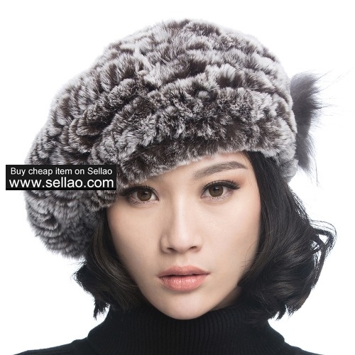 Winter Women's Rex Rabbit Fur Beret Hats with Fur Flower - Coffee