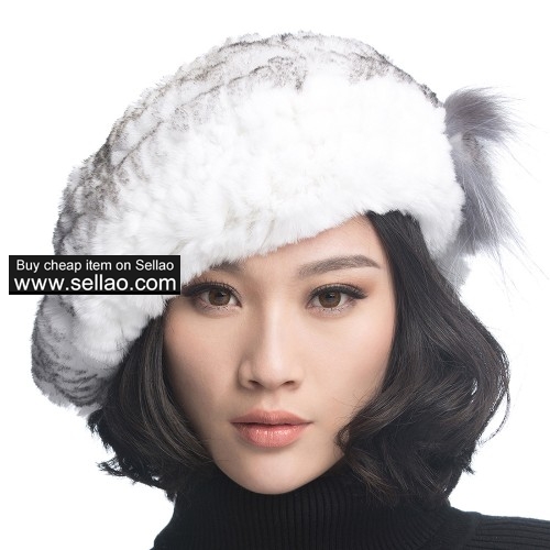 Winter Women's Rex Rabbit Fur Beret Hats with Fur Flower - White + Black Tip