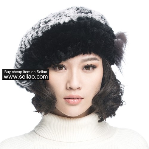 Winter Women's Rex Rabbit Fur Beret Hats with Fur Flower - Grey & Black