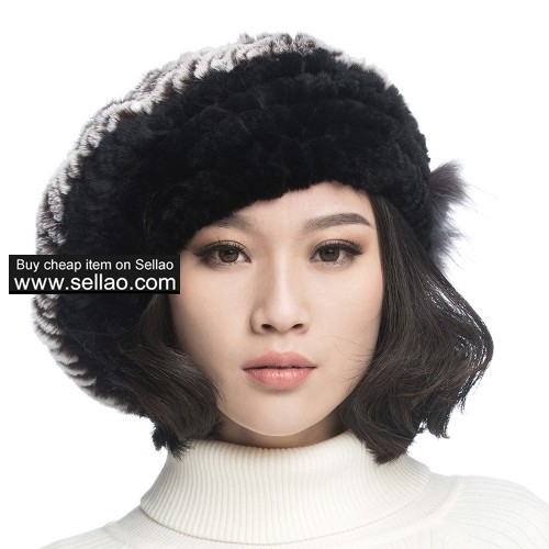 Winter Women's Rex Rabbit Fur Beret Hats with Fur Flower - Coffee & Black