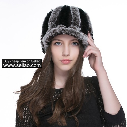 Women's Rex Rabbit Fur Peaked Caps Hats Multicolor - Gray & Black
