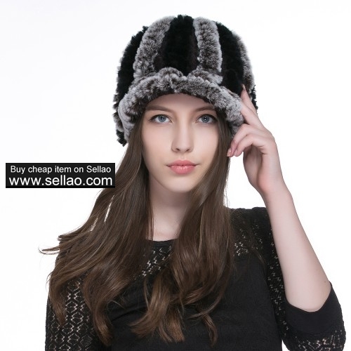 Women's Rex Rabbit Fur Peaked Caps Hats Multicolor - Coffee & Black